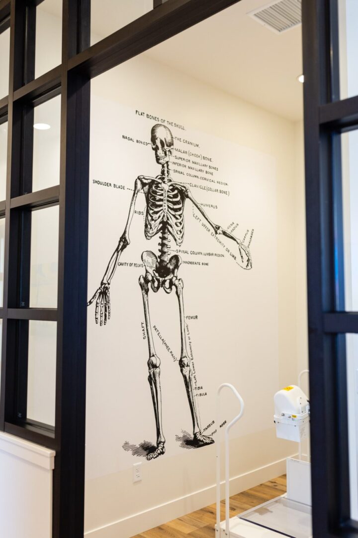 A skeleton is drawn on the wall of a room.